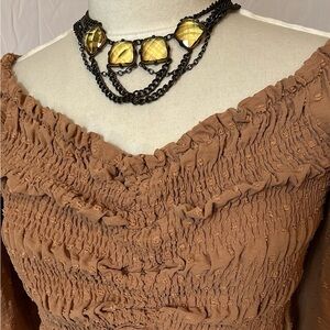 Goth Necklace Yellow Moody Glass and Dark Metal Three Tier Adjustable Stained